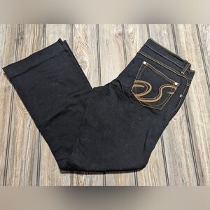 South Pole size 9 black denim with gold stitching in excellent condition, hemmed